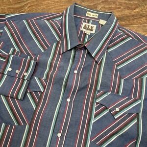 Ely Cattleman Tall Man 2XLT Men's L/S Blue Multicolor Striped Pearl Snap Western